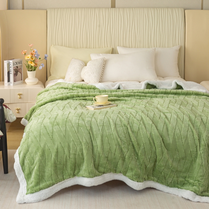 91家纺网 家纺一手货源 找家纺 佳居缘 【双面绒-交叉纹】 2025加厚保暖羊羔绒毛毯双层塔芙绒毯子跨境专供外贸出口定制 交叉纹-绿