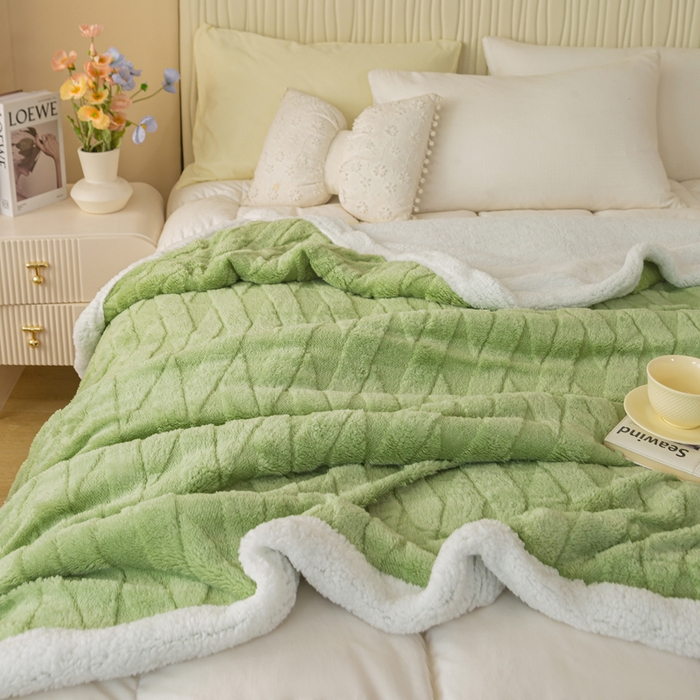 91家纺网 家纺一手货源 找家纺 佳居缘 【双面绒-交叉纹】 2025加厚保暖羊羔绒毛毯双层塔芙绒毯子跨境专供外贸出口定制 交叉纹-绿