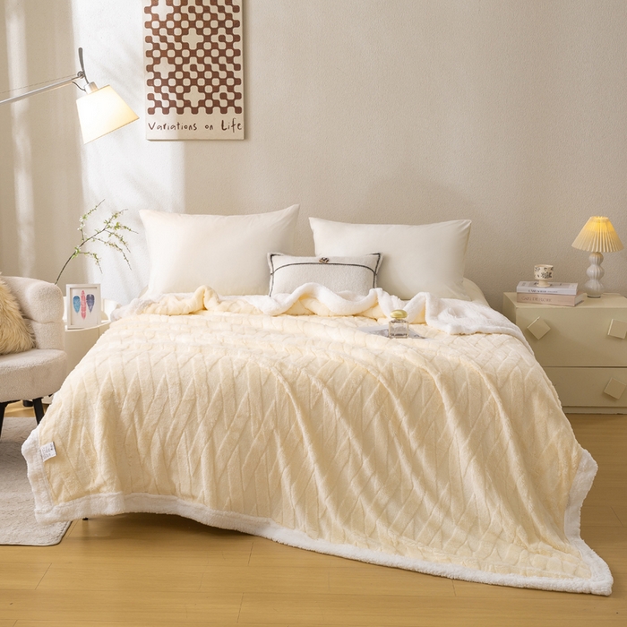 91家纺网 家纺一手货源 找家纺 佳居缘 【双面绒-交叉纹】 2025加厚保暖羊羔绒毛毯双层塔芙绒毯子跨境专供外贸出口定制 交叉纹-米白