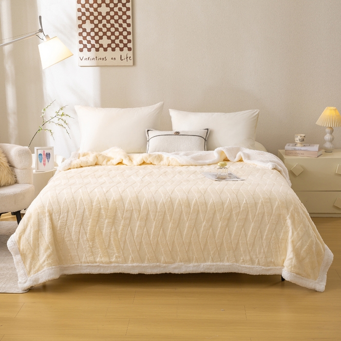 91家纺网 家纺一手货源 找家纺 佳居缘 【双面绒-交叉纹】 2025加厚保暖羊羔绒毛毯双层塔芙绒毯子跨境专供外贸出口定制 交叉纹-米白