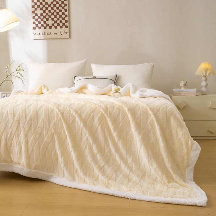 91家纺网 家纺一手货源 找家纺 佳居缘 【双面绒-交叉纹】 2025加厚保暖羊羔绒毛毯双层塔芙绒毯子跨境专供外贸出口定制 交叉纹-米白