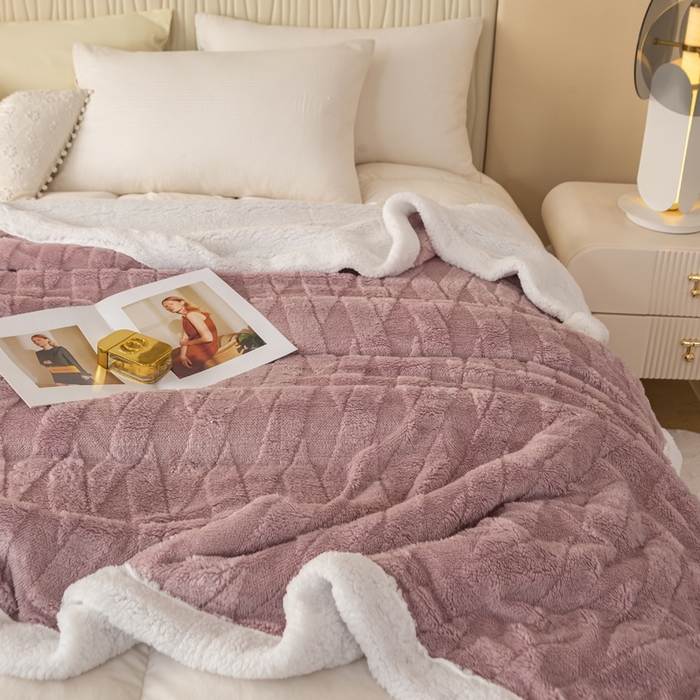 91家纺网 家纺一手货源 找家纺 佳居缘 【双面绒-交叉纹】 2025加厚保暖羊羔绒毛毯双层塔芙绒毯子跨境专供外贸出口定制 交叉-紫