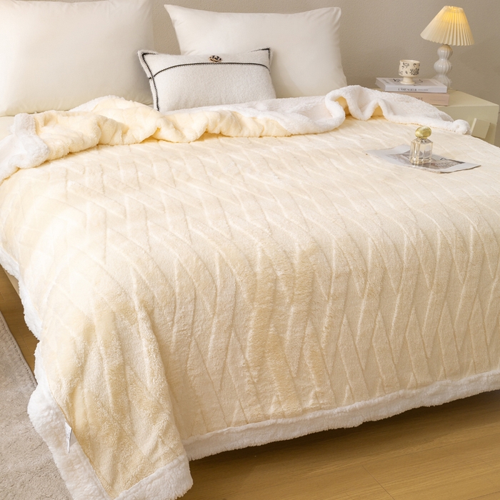 91家纺网 家纺一手货源 找家纺 佳居缘 【双面绒-交叉纹】 2025加厚保暖羊羔绒毛毯双层塔芙绒毯子跨境专供外贸出口定制 交叉纹-米白