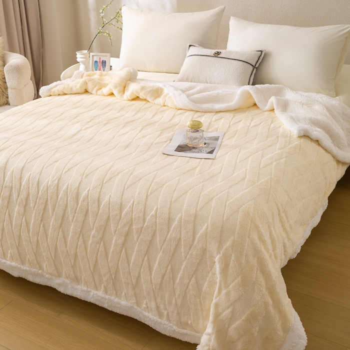 91家纺网 家纺一手货源 找家纺 佳居缘 【双面绒-交叉纹】 2025加厚保暖羊羔绒毛毯双层塔芙绒毯子跨境专供外贸出口定制 交叉纹-米白