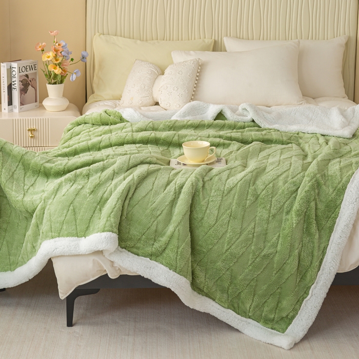 91家纺网 家纺一手货源 找家纺 佳居缘 【双面绒-交叉纹】 2025加厚保暖羊羔绒毛毯双层塔芙绒毯子跨境专供外贸出口定制 交叉纹-绿