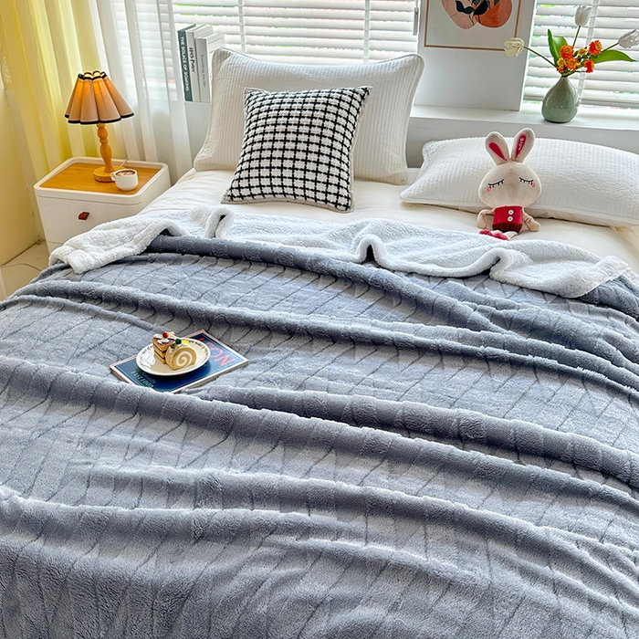 91家纺网 家纺一手货源 找家纺 佳居缘 【双面绒-交叉纹】 2025加厚保暖羊羔绒毛毯双层塔芙绒毯子跨境专供外贸出口定制 交叉纹-灰蓝