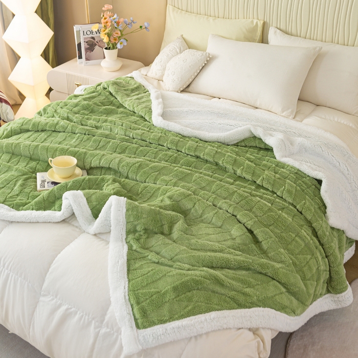 91家纺网 家纺一手货源 找家纺 佳居缘 【双面绒-交叉纹】 2025加厚保暖羊羔绒毛毯双层塔芙绒毯子跨境专供外贸出口定制 交叉纹-绿