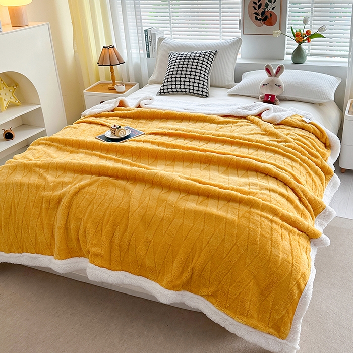 佳居缘 【双面绒-交叉纹】 2025加厚保暖羊羔绒毛毯双层塔芙绒毯子跨境专供外贸出口定制 交叉纹-杏黄