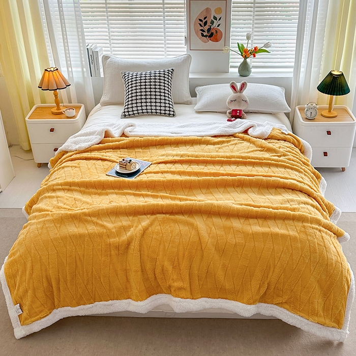 91家纺网 家纺一手货源 找家纺 佳居缘 【双面绒-交叉纹】 2025加厚保暖羊羔绒毛毯双层塔芙绒毯子跨境专供外贸出口定制 交叉纹-杏黄