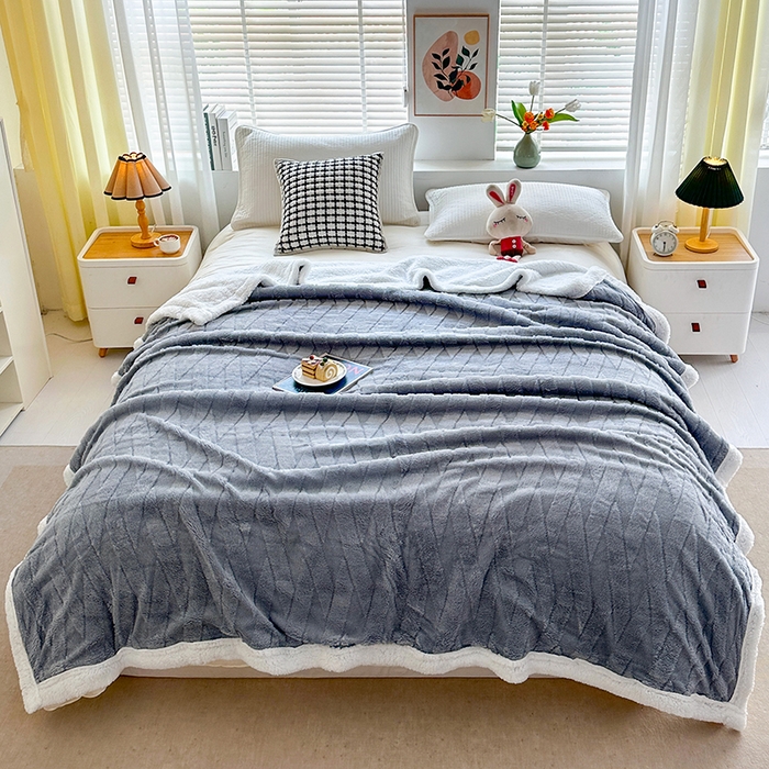 91家纺网 家纺一手货源 找家纺 佳居缘 【双面绒-交叉纹】 2025加厚保暖羊羔绒毛毯双层塔芙绒毯子跨境专供外贸出口定制 交叉纹-灰蓝