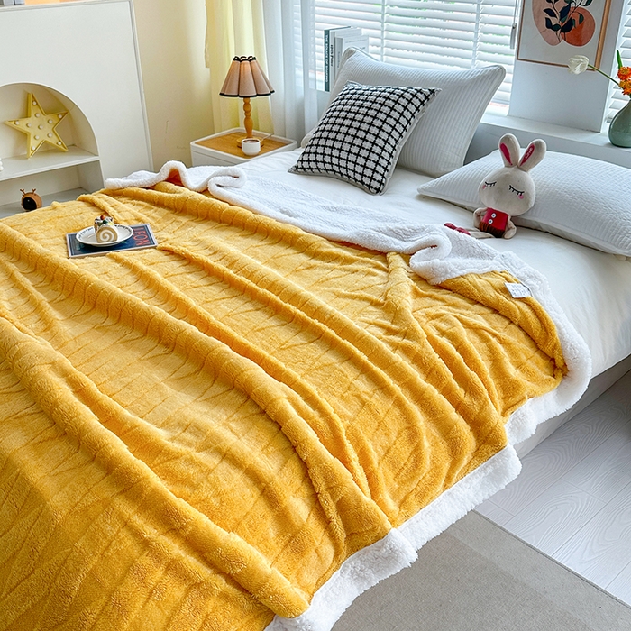 91家纺网 家纺一手货源 找家纺 佳居缘 【双面绒-交叉纹】 2025加厚保暖羊羔绒毛毯双层塔芙绒毯子跨境专供外贸出口定制 交叉纹-杏黄