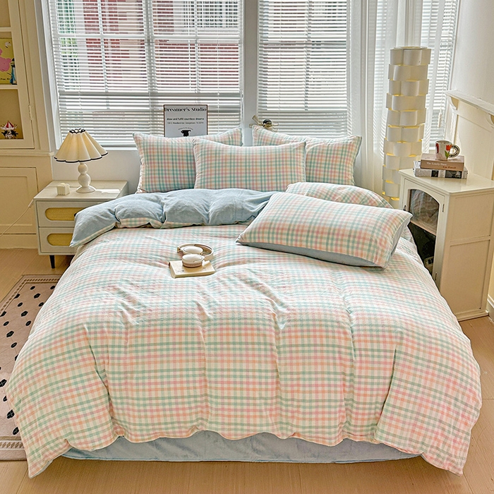 柠萌家居 2025新款无印良品风双拼全棉色织水洗棉加牛奶绒单品被套简约风全棉拼牛奶绒单被套 棉+绒冰激凌格