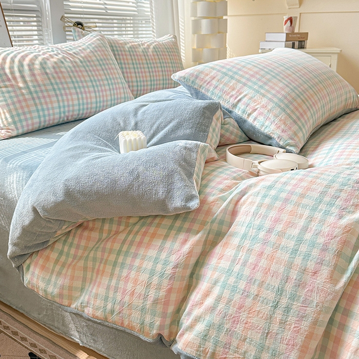 91家纺网 家纺一手货源 找家纺 柠萌家居 2025新款无印良品风双拼全棉色织水洗棉加牛奶绒单品被套简约风全棉拼牛奶绒单被套 棉+绒冰激凌格
