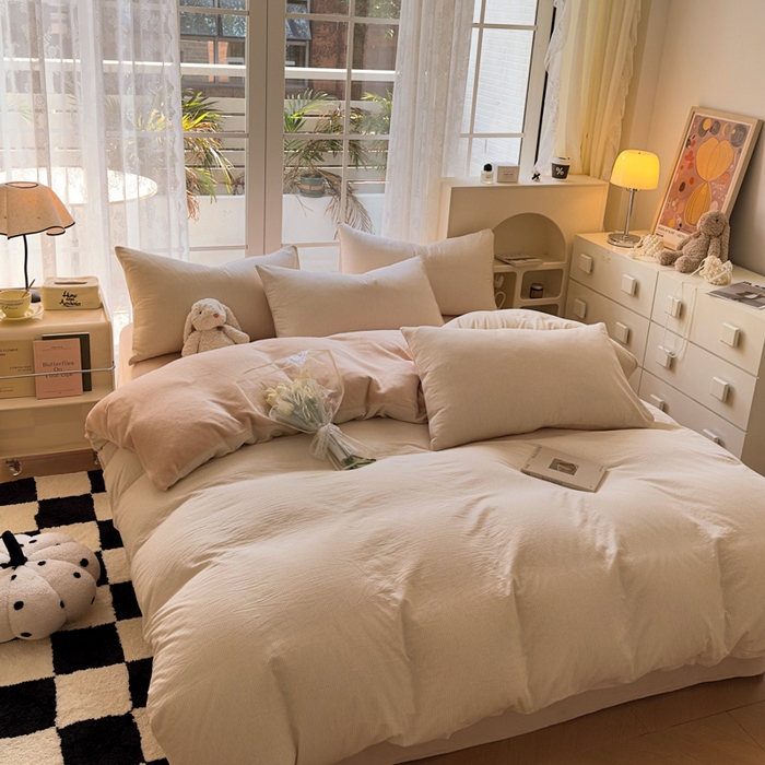 91家纺网 家纺一手货源 找家纺 柠萌家居 2025新款无印良品风双拼全棉色织水洗棉加牛奶绒单品被套简约风全棉拼牛奶绒单被套 棉+绒米密条