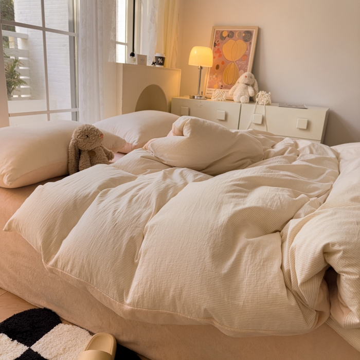 91家纺网 家纺一手货源 找家纺 柠萌家居 2025新款无印良品风双拼全棉色织水洗棉加牛奶绒单品被套简约风全棉拼牛奶绒单被套 棉+绒米密条