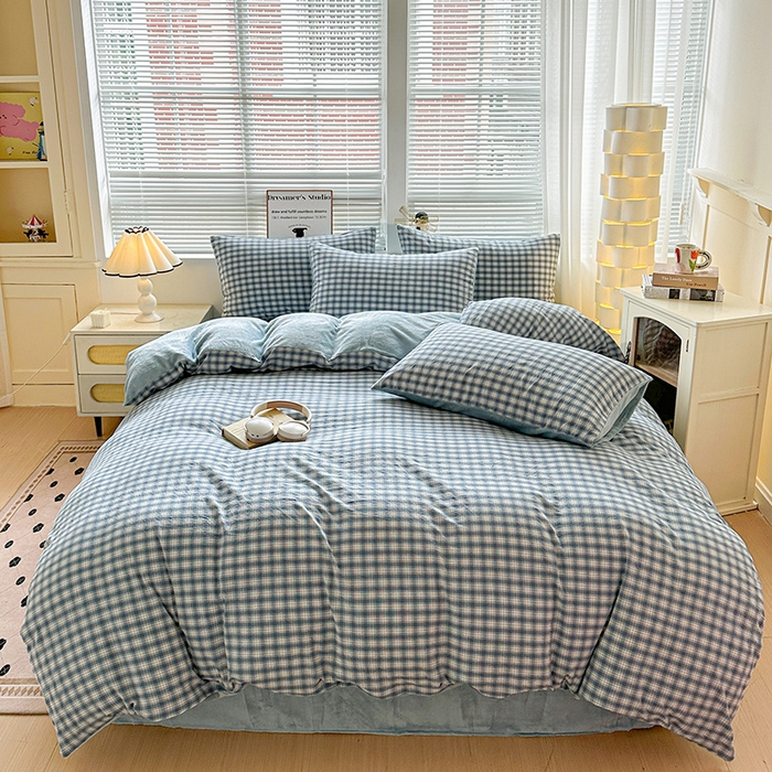 柠萌家居 2025新款无印良品风双拼全棉色织水洗棉加牛奶绒单品被套简约风全棉拼牛奶绒单被套 棉+绒尚品蓝