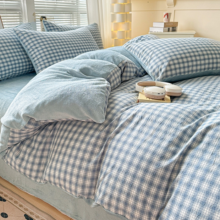 91家纺网 家纺一手货源 找家纺 柠萌家居 2025新款无印良品风双拼全棉色织水洗棉加牛奶绒单品被套简约风全棉拼牛奶绒单被套 棉+绒尚品蓝