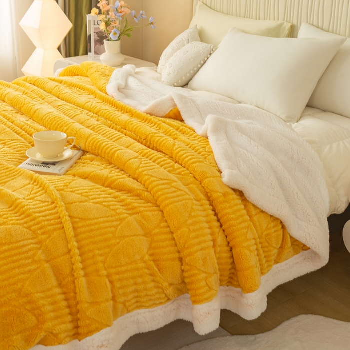 91家纺网 家纺一手货源 找家纺 佳居缘 【双面绒-叶子】 2025加厚保暖羊羔绒毛毯双层塔芙绒毯子跨境专供外贸出口定制 叶子-黄
