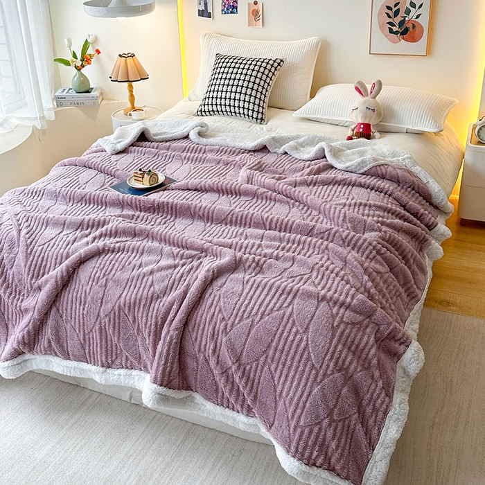 91家纺网 家纺一手货源 找家纺 佳居缘 【双面绒-叶子】 2025加厚保暖羊羔绒毛毯双层塔芙绒毯子跨境专供外贸出口定制 叶子-紫色