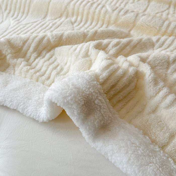 91家纺网 家纺一手货源 找家纺 佳居缘 【双面绒-叶子】 2025加厚保暖羊羔绒毛毯双层塔芙绒毯子跨境专供外贸出口定制 叶子- 米白