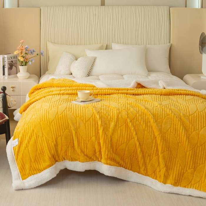 91家纺网 家纺一手货源 找家纺 佳居缘 【双面绒-叶子】 2025加厚保暖羊羔绒毛毯双层塔芙绒毯子跨境专供外贸出口定制 叶子-黄