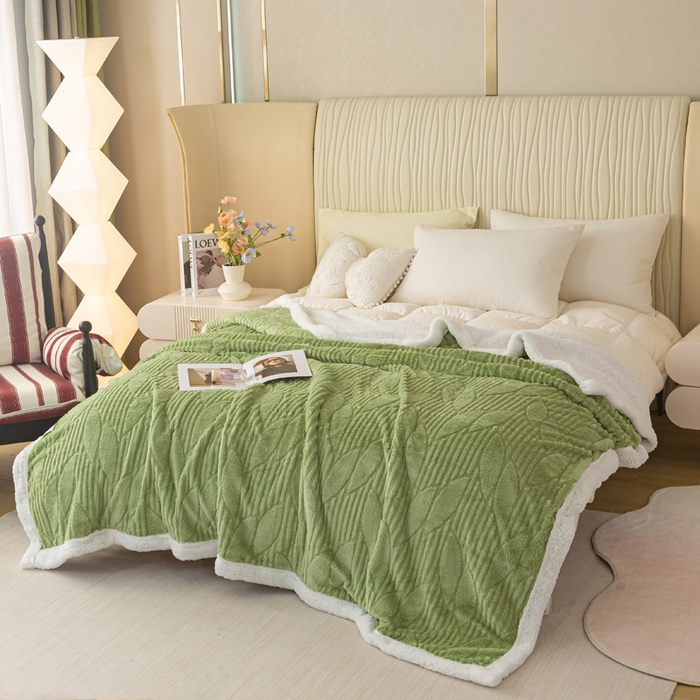 91家纺网 家纺一手货源 找家纺 佳居缘 【双面绒-叶子】 2025加厚保暖羊羔绒毛毯双层塔芙绒毯子跨境专供外贸出口定制 叶子-绿