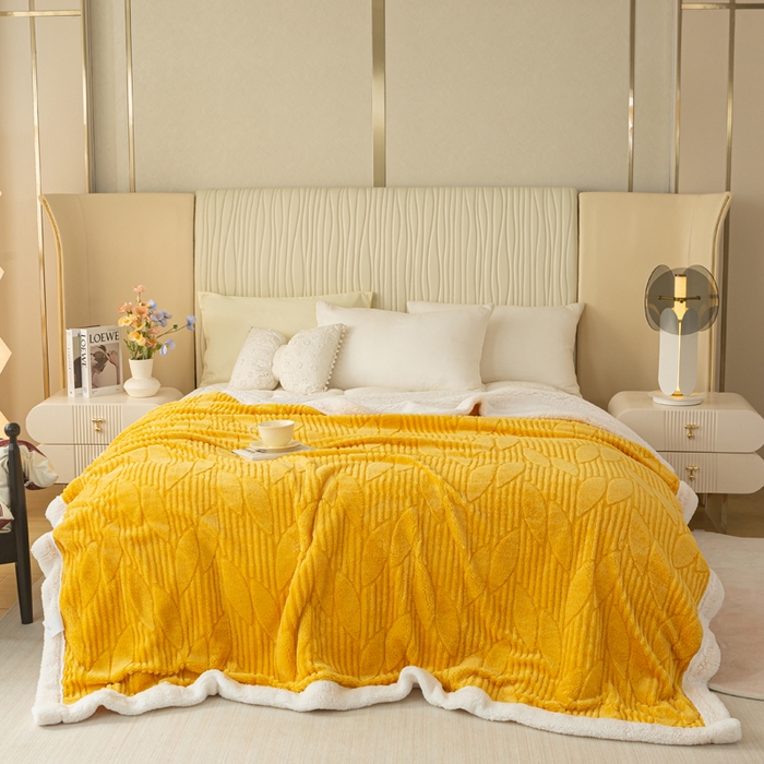 91家纺网 家纺一手货源 找家纺 佳居缘 【双面绒-叶子】 2025加厚保暖羊羔绒毛毯双层塔芙绒毯子跨境专供外贸出口定制 叶子-黄