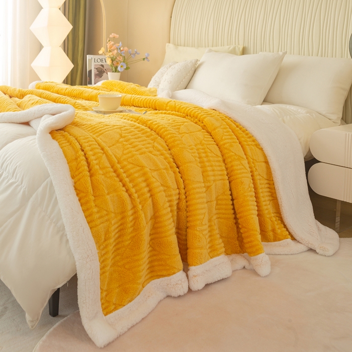 91家纺网 家纺一手货源 找家纺 佳居缘 【双面绒-叶子】 2025加厚保暖羊羔绒毛毯双层塔芙绒毯子跨境专供外贸出口定制 叶子-黄