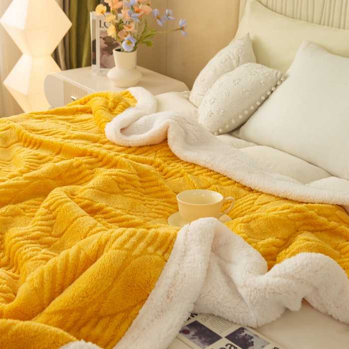 91家纺网 家纺一手货源 找家纺 佳居缘 【双面绒-叶子】 2025加厚保暖羊羔绒毛毯双层塔芙绒毯子跨境专供外贸出口定制 叶子-黄