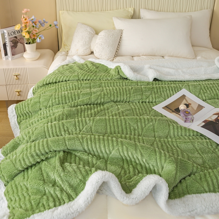 91家纺网 家纺一手货源 找家纺 佳居缘 【双面绒-叶子】 2025加厚保暖羊羔绒毛毯双层塔芙绒毯子跨境专供外贸出口定制 叶子-绿