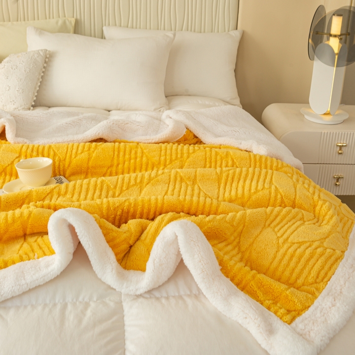 91家纺网 家纺一手货源 找家纺 佳居缘 【双面绒-叶子】 2025加厚保暖羊羔绒毛毯双层塔芙绒毯子跨境专供外贸出口定制 叶子-黄