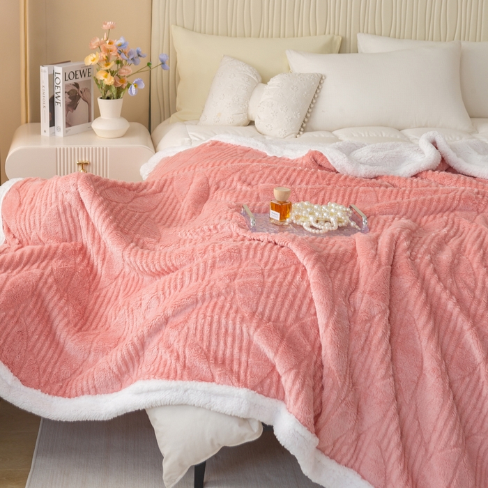 91家纺网 家纺一手货源 找家纺 佳居缘 【双面绒-叶子】 2025加厚保暖羊羔绒毛毯双层塔芙绒毯子跨境专供外贸出口定制 叶子-粉