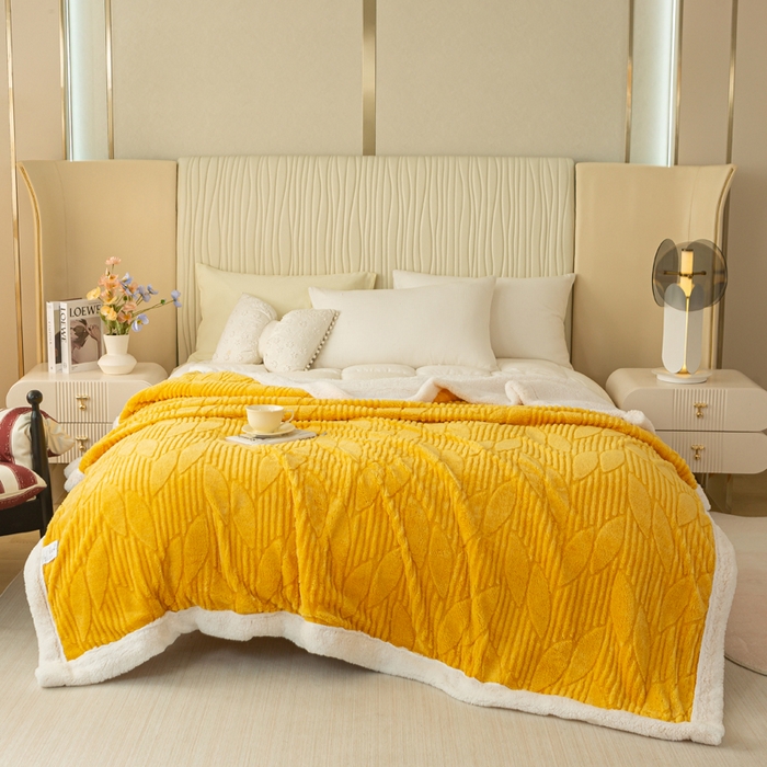 91家纺网 家纺一手货源 找家纺 佳居缘 【双面绒-叶子】 2025加厚保暖羊羔绒毛毯双层塔芙绒毯子跨境专供外贸出口定制 叶子-黄