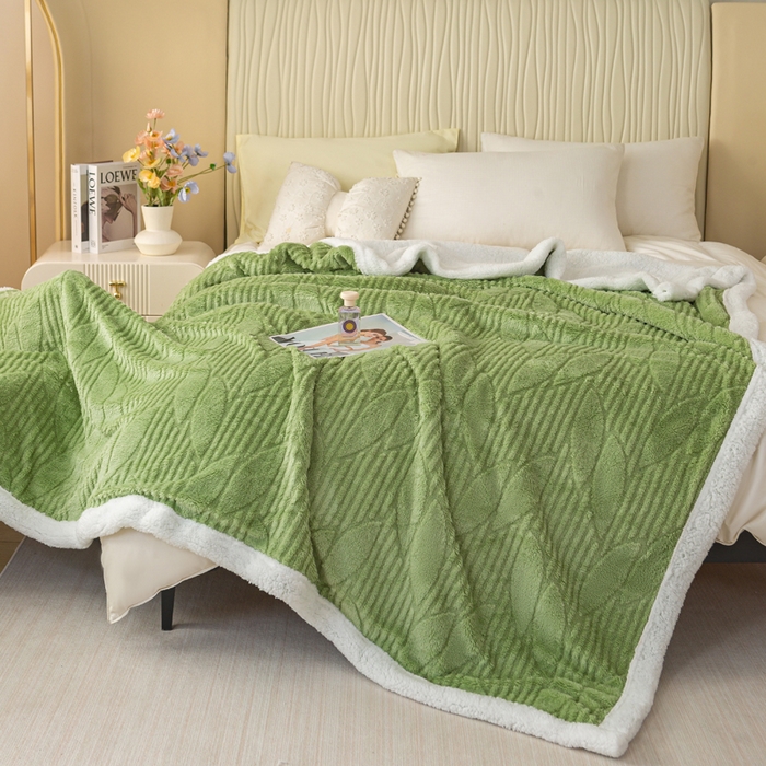 91家纺网 家纺一手货源 找家纺 佳居缘 【双面绒-叶子】 2025加厚保暖羊羔绒毛毯双层塔芙绒毯子跨境专供外贸出口定制 叶子-绿