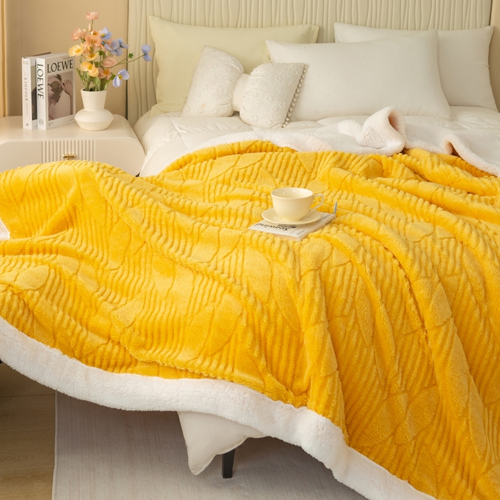 91家纺网 家纺一手货源 找家纺 佳居缘 【双面绒-叶子】 2025加厚保暖羊羔绒毛毯双层塔芙绒毯子跨境专供外贸出口定制 叶子-黄