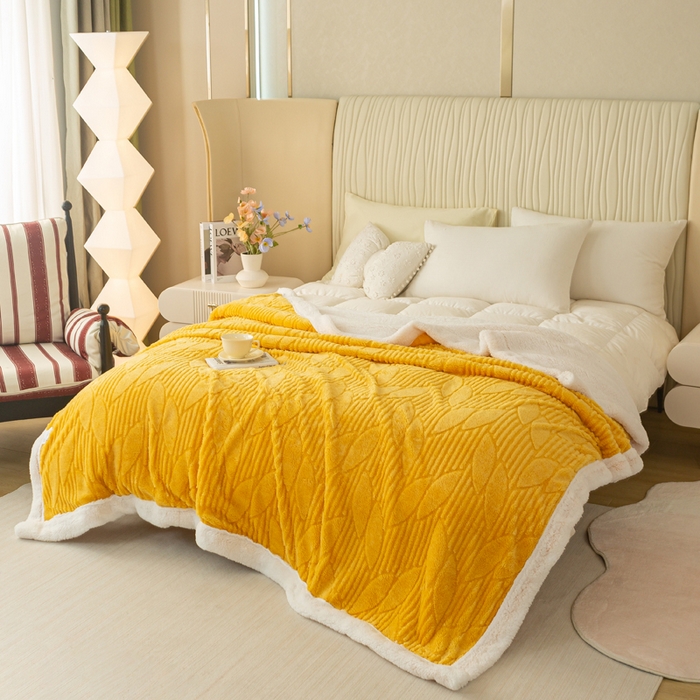 91家纺网 家纺一手货源 找家纺 佳居缘 【双面绒-叶子】 2025加厚保暖羊羔绒毛毯双层塔芙绒毯子跨境专供外贸出口定制 叶子-黄