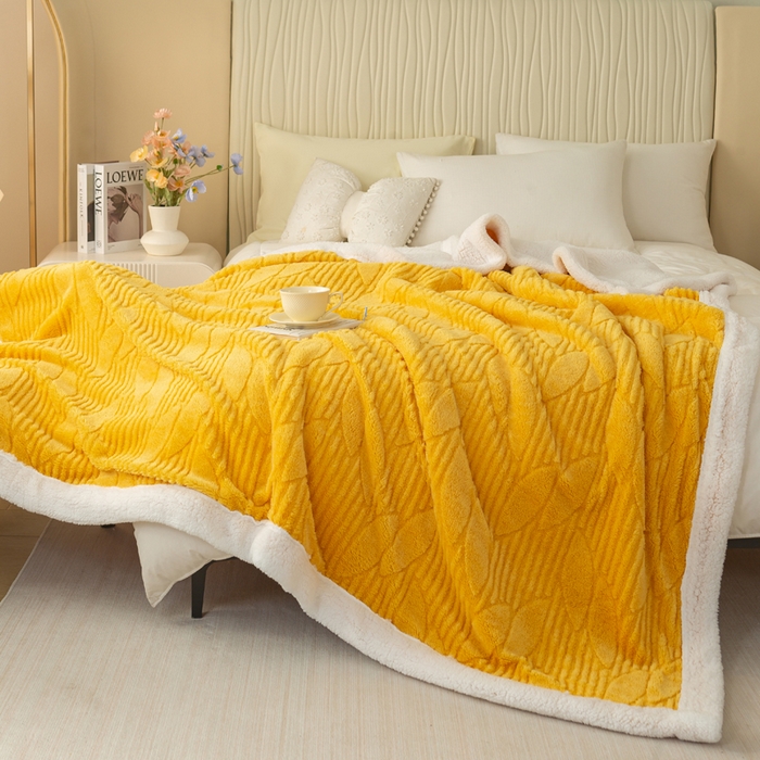 91家纺网 家纺一手货源 找家纺 佳居缘 【双面绒-叶子】 2025加厚保暖羊羔绒毛毯双层塔芙绒毯子跨境专供外贸出口定制 叶子-黄