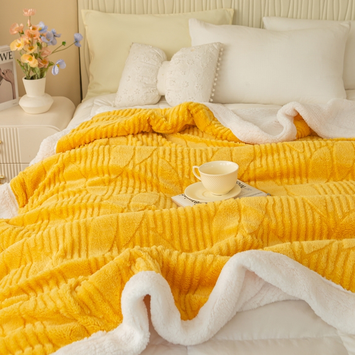 91家纺网 家纺一手货源 找家纺 佳居缘 【双面绒-叶子】 2025加厚保暖羊羔绒毛毯双层塔芙绒毯子跨境专供外贸出口定制 叶子-黄