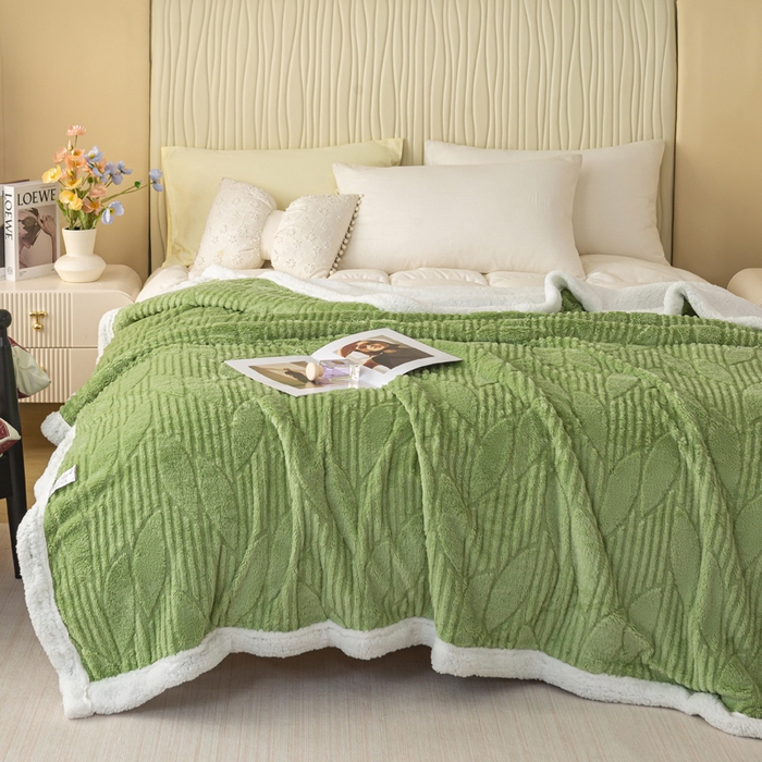 91家纺网 家纺一手货源 找家纺 佳居缘 【双面绒-叶子】 2025加厚保暖羊羔绒毛毯双层塔芙绒毯子跨境专供外贸出口定制 叶子-绿