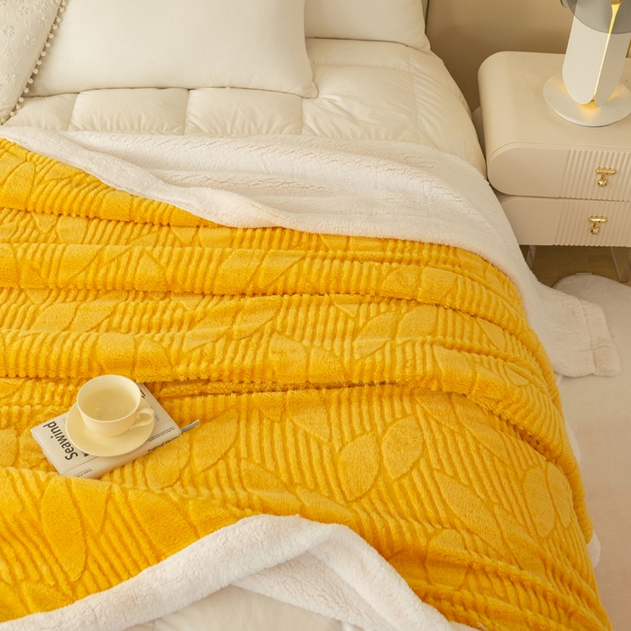 91家纺网 家纺一手货源 找家纺 佳居缘 【双面绒-叶子】 2025加厚保暖羊羔绒毛毯双层塔芙绒毯子跨境专供外贸出口定制 叶子-黄