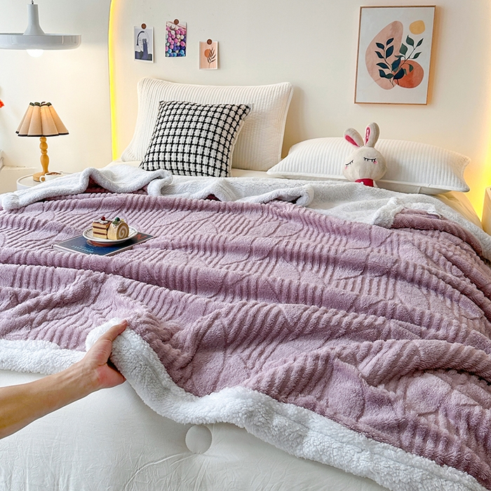 91家纺网 家纺一手货源 找家纺 佳居缘 【双面绒-叶子】 2025加厚保暖羊羔绒毛毯双层塔芙绒毯子跨境专供外贸出口定制 叶子-紫色