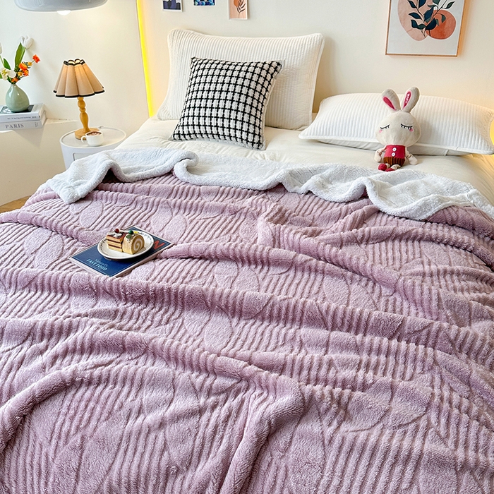 91家纺网 家纺一手货源 找家纺 佳居缘 【双面绒-叶子】 2025加厚保暖羊羔绒毛毯双层塔芙绒毯子跨境专供外贸出口定制 叶子-紫色