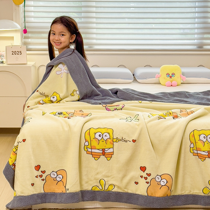 91家纺网 家纺一手货源 找家纺 云恋家纺 2025新款儿童卡通加厚牛奶绒北极绒双层绒毛毯 爱心海绵宝宝