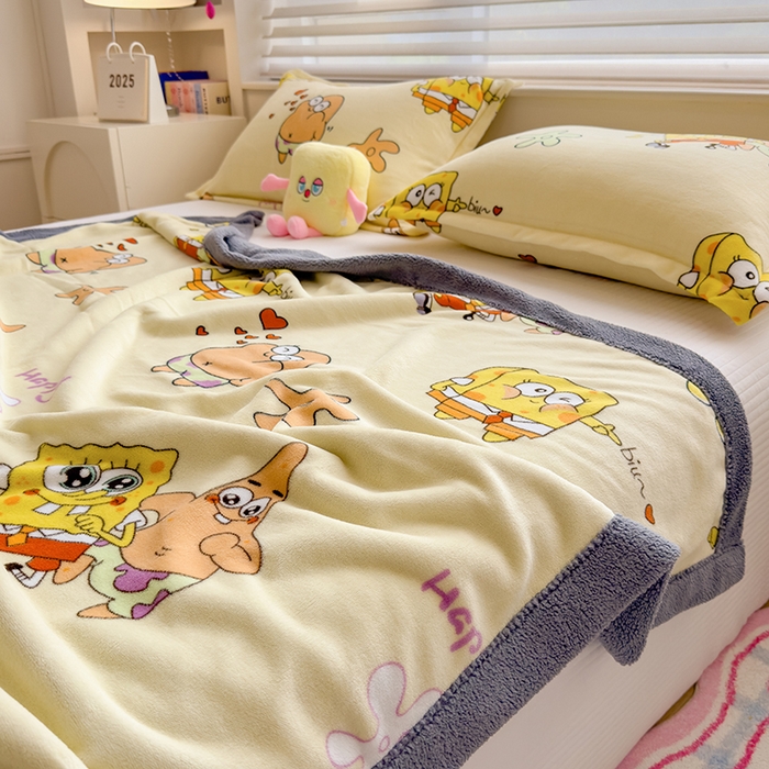 91家纺网 家纺一手货源 找家纺 云恋家纺 2025新款儿童卡通加厚牛奶绒北极绒双层绒毛毯 爱心海绵宝宝