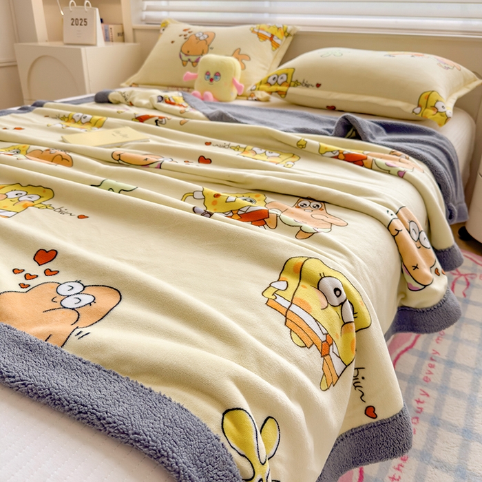 91家纺网 家纺一手货源 找家纺 云恋家纺 2025新款儿童卡通加厚牛奶绒北极绒双层绒毛毯 爱心海绵宝宝