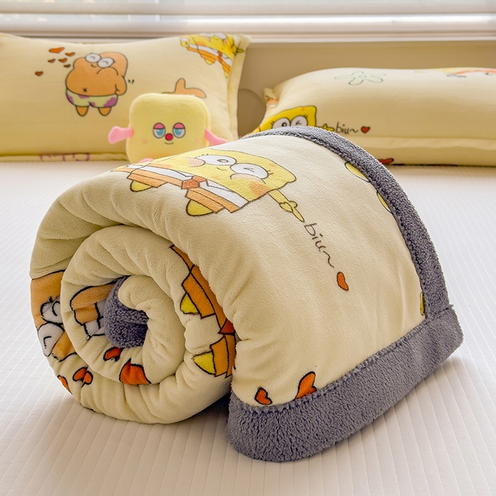 91家纺网 家纺一手货源 找家纺 云恋家纺 2025新款儿童卡通加厚牛奶绒北极绒双层绒毛毯 爱心海绵宝宝