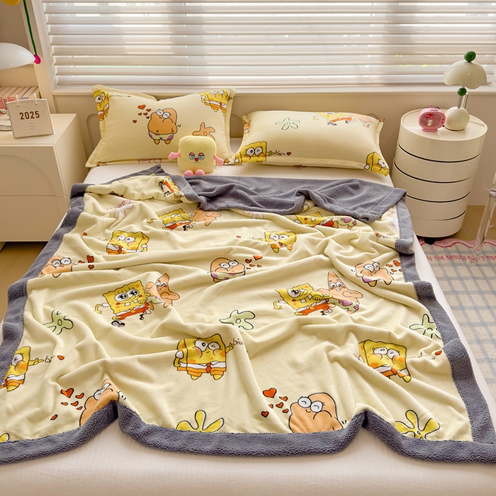 91家纺网 家纺一手货源 找家纺 云恋家纺 2025新款儿童卡通加厚牛奶绒北极绒双层绒毛毯 爱心海绵宝宝