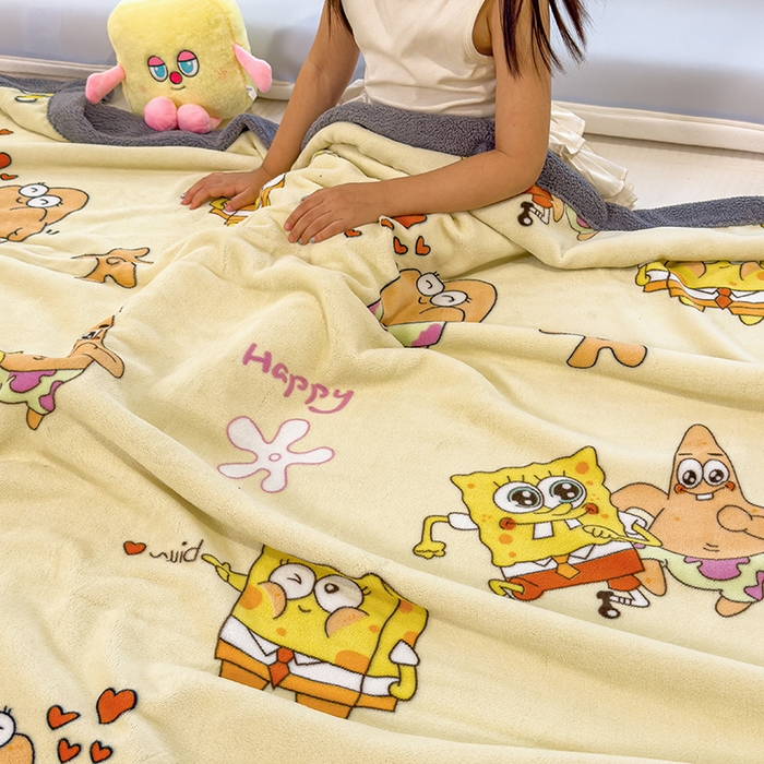 91家纺网 家纺一手货源 找家纺 云恋家纺 2025新款儿童卡通加厚牛奶绒北极绒双层绒毛毯 爱心海绵宝宝