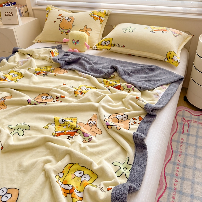 91家纺网 家纺一手货源 找家纺 云恋家纺 2025新款儿童卡通加厚牛奶绒北极绒双层绒毛毯 爱心海绵宝宝