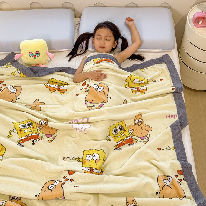 91家纺网 家纺一手货源 找家纺 云恋家纺 2025新款儿童卡通加厚牛奶绒北极绒双层绒毛毯 爱心海绵宝宝